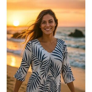 Portacoz Palm‎ Leaf Tunic Top V Neck 3/4 Sleeve Blouse White Blue XL